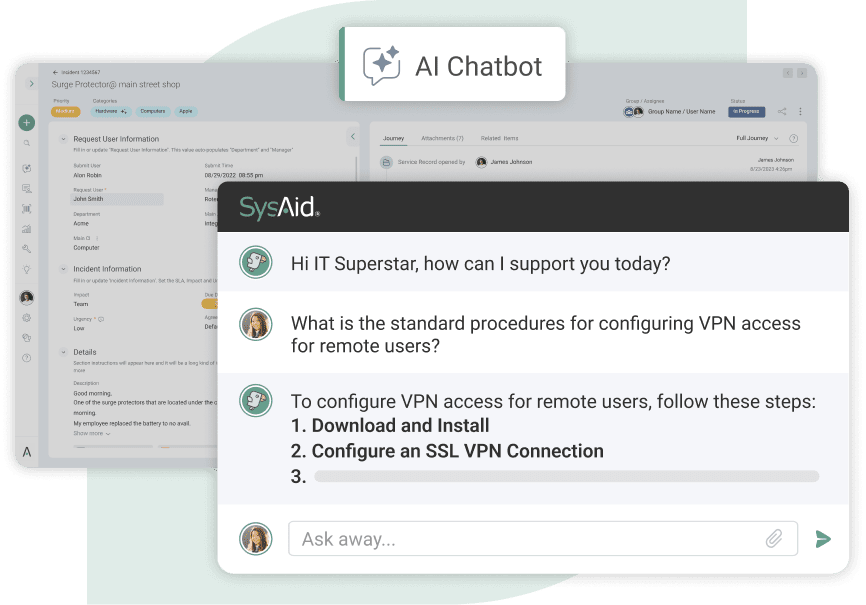 A computer screen displays an AI Chatbot interface with a conversation about VPN configuration procedures. Another screen in the background shows a user interface of an IT service management software. - SysAid