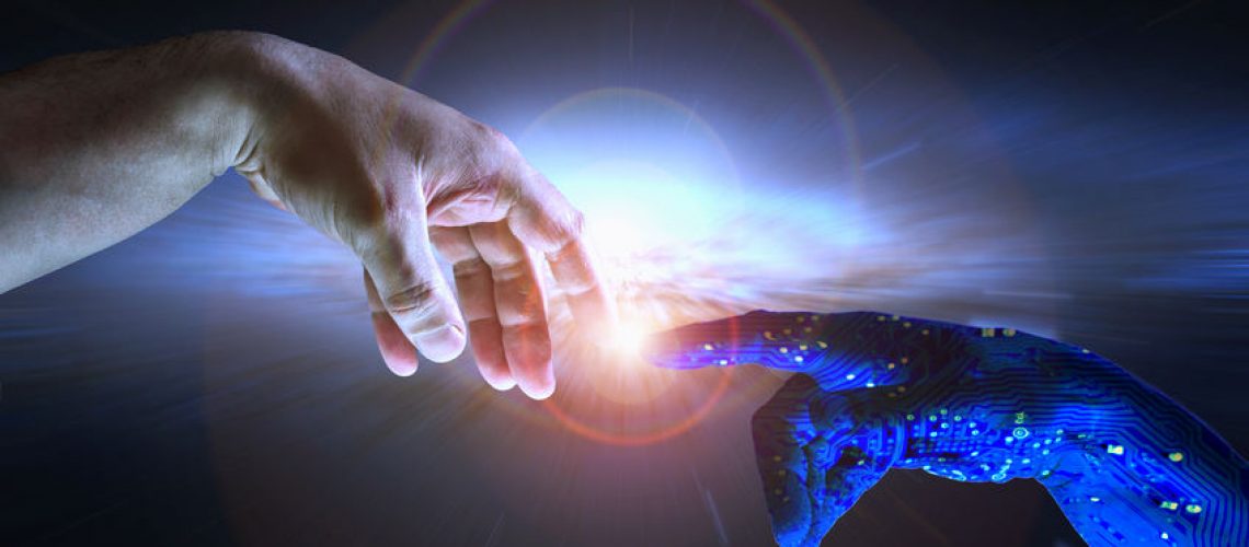 54659249 - ai hand reaches towards a human hand as a spark of understanding technology reaches across to humanity. artificial intelligence concept with copy space area. blue flesh image.